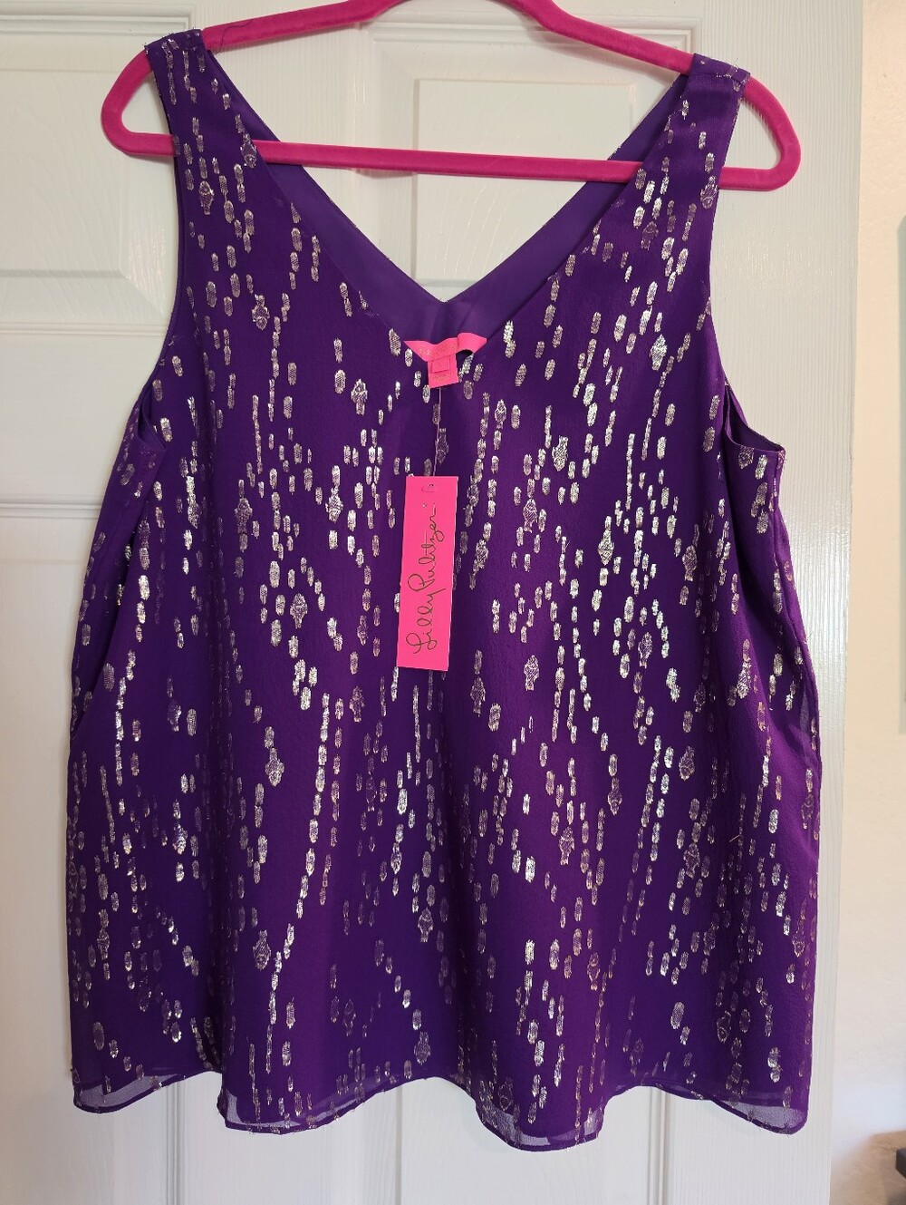 Lilly Pulitzer NWT L Purple Fish Clip Metallic Florin Tank